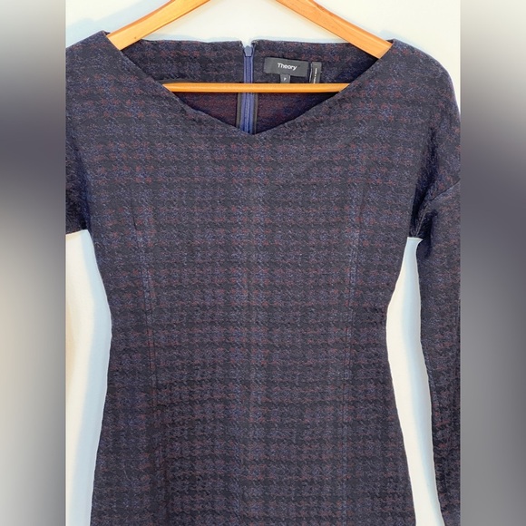 Theory Long Sleeve Houndstooth Jacquard Plaid Sheath Dress Dark Currant S Petite - Picture 2 of 13